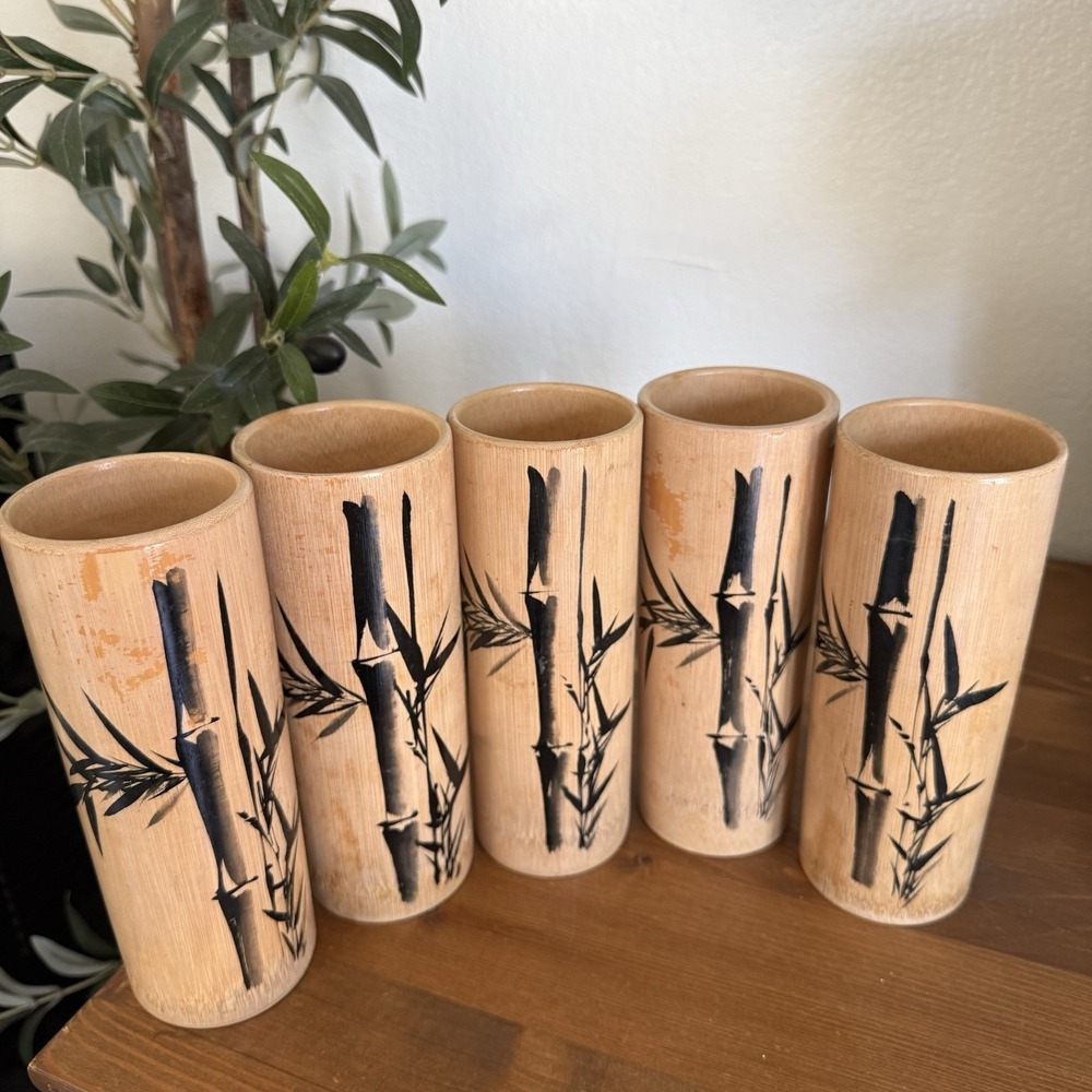 Set of 5 Vintage 60s Japanese Hand Brush Painted Natural Bamboo Cups Vases Decor